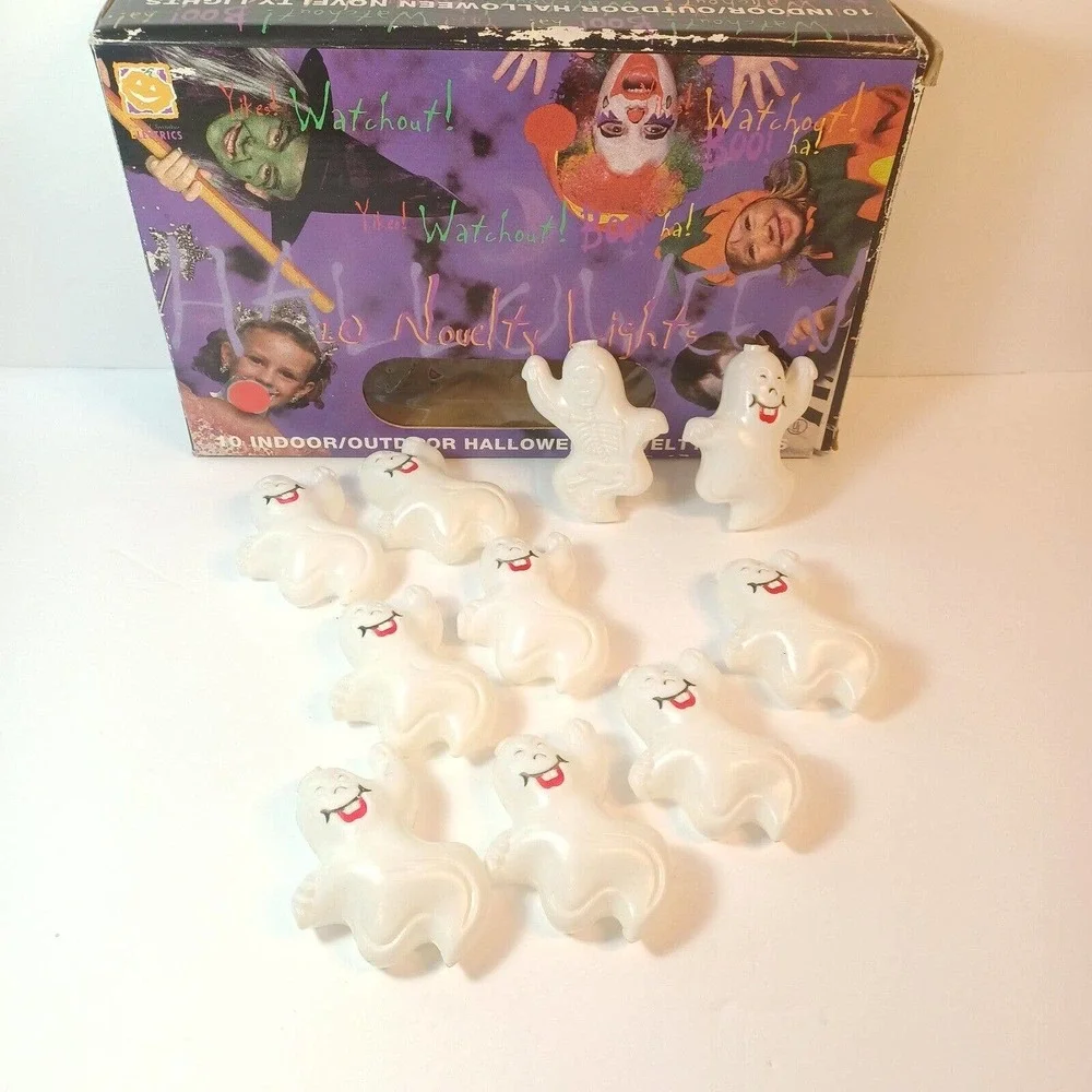 Vtg Halloween Blow Mold String Lights Covers 10 Ghosts Skeletons NO LIGHTS
